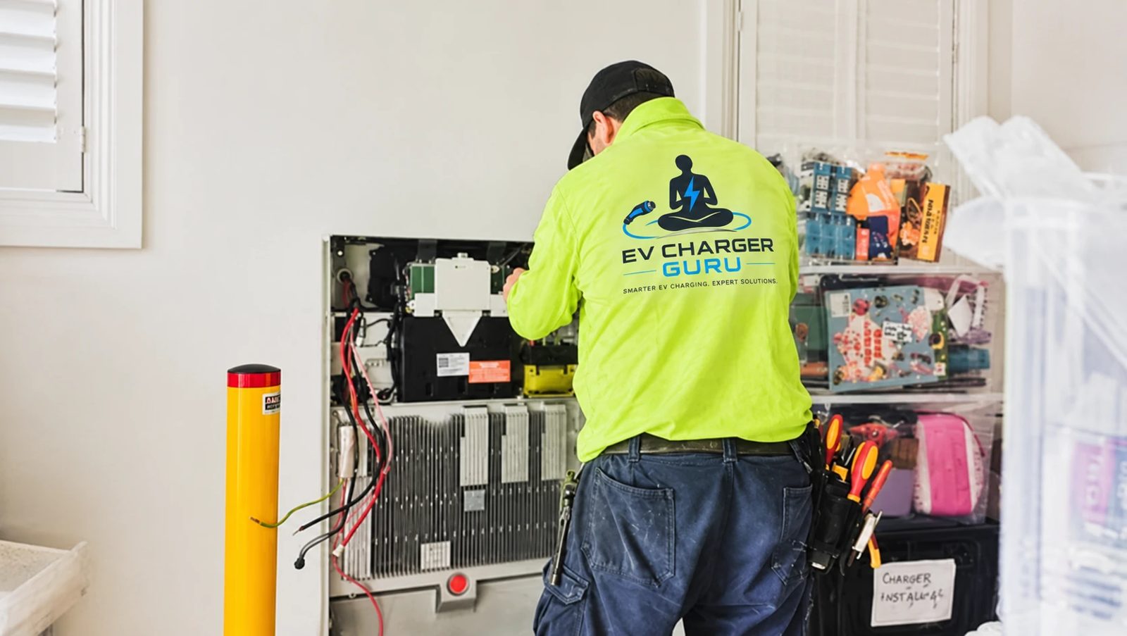 EV Charger Guru electrician in hi-vis working on a home electrical cabinet